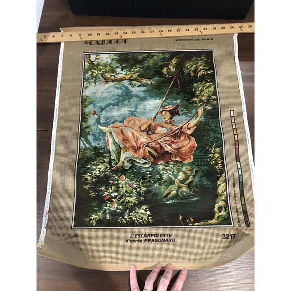 Vintage Margot de Paris Needlepoint Canvas Victorian Woman On Swing Cherub Trees